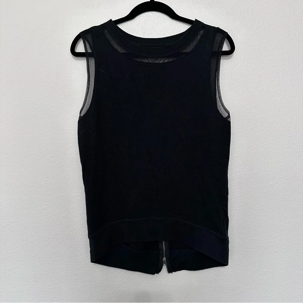 Pam & gela sleeveless terry half zip back slit pesh paneled black top size S